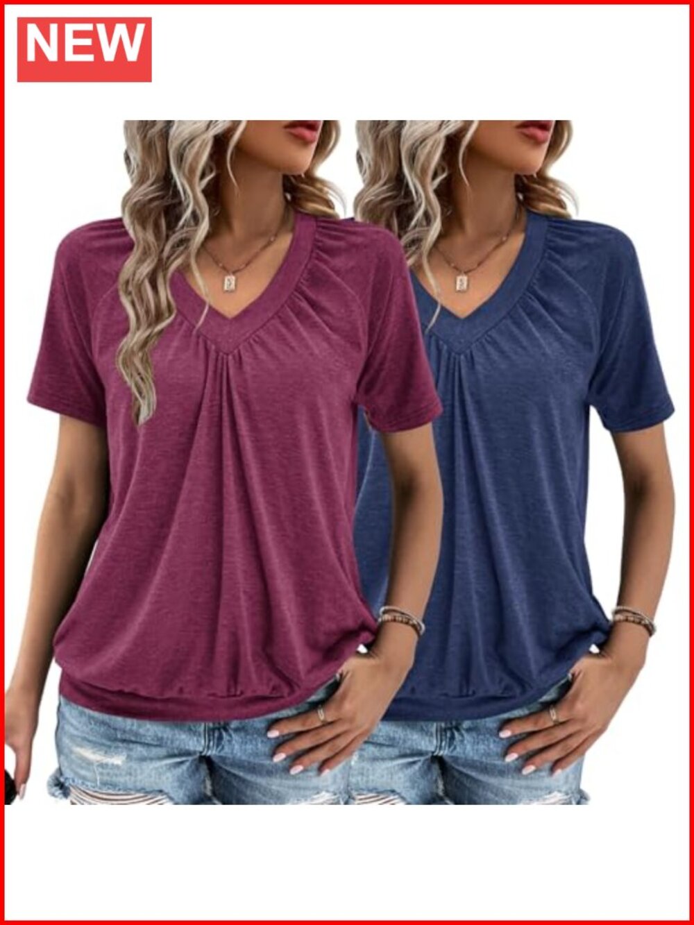 Women's 2 Pack V Neck Ruched Short Sleeve Tops Casual Summer T Shirts